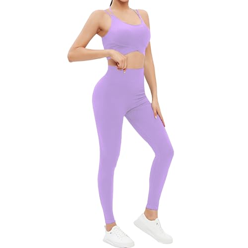 dohomiryo Damen Traingsanzug Sport Sets Sportanzüge Jogginganzug Sport Bra und Hohe Taille Hosen 2 Stücke Bekleidungssets Yoga Outfit Sportswear Gym Leggings Set Hellviolett L von dohomiryo
