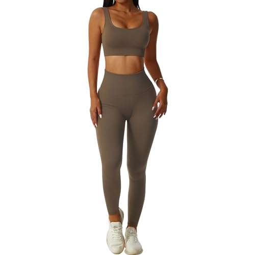 dohomiryo Damen Sportanzüge Jogginganzug Sport Sets 2 Teilig Workout Outfit Set Sport Crop Top+Hohe Taille Yoga Leggings Yoga Outfit Freizeitanzug Sportswear Braun M von dohomiryo