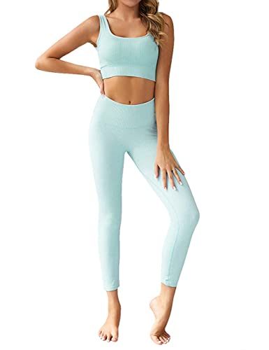 dohomiryo Damen Sportanzüge Jogginganzug Sport Sets 2 Teilig Workout Outfit Set Sport Crop Top+Hohe Taille Yoga Leggings Yoga Outfit Freizeitanzug Sportswear Hellblau L von dohomiryo