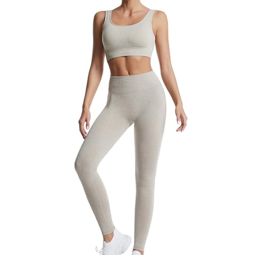 dohomiryo Damen Sportanzüge Jogginganzug Sport Sets 2 Teilig Workout Outfit Set Sport Crop Top+Hohe Taille Yoga Leggings Yoga Outfit Freizeitanzug Sportswear Khaki L von dohomiryo