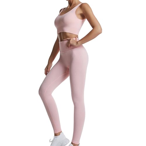 dohomiryo Damen Sportanzüge Jogginganzug Sport Sets 2 Teilig Workout Outfit Set Sport Crop Top+Hohe Taille Yoga Leggings Yoga Outfit Freizeitanzug Sportswear Rosa S von dohomiryo
