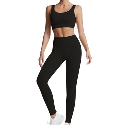 dohomiryo Damen Sportanzüge Jogginganzug Sport Sets 2 Teilig Workout Outfit Set Sport Crop Top+Hohe Taille Yoga Leggings Yoga Outfit Freizeitanzug Sportswear Schwarz S von dohomiryo