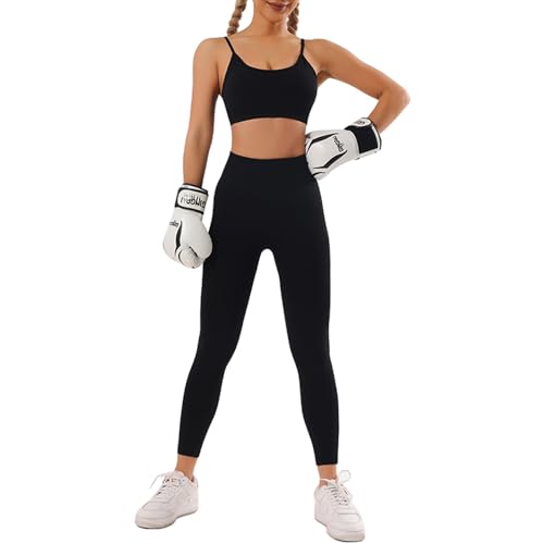 dohomiryo Workout Outfits Set Damen, 2 Piece Set Damen, Seamless Yoga Outfits, Sport Camisole Bra + High Waist Leggings, Women's Tracksuit Set Schwarz L von dohomiryo