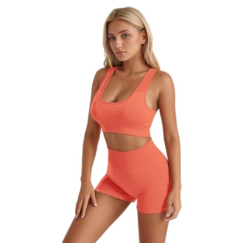 dohomiryo Damen 2-teiliges Nahtloses Trainingsanzug Laufbekleidung Fitness Kleidung Yoga Outfit Jogginganzug Set Freizeitanzug Orange S von dohomiryo