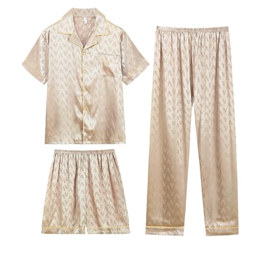 dokly Herren Pyjama Frühling und Sommer kurzärmelige Shorts Lange Hose 3-teiliges Set aus dünnem Schnitt der Plus-Size-Homewear,Champagne,3XL von dokly