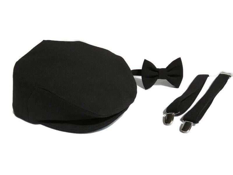 Schwarzer Schiebermütze, Ringträger Hut, Schiebermütze Fliege Hosenträger Set, Kleinkind Junge Schwarze Krawatte von dolldressedup