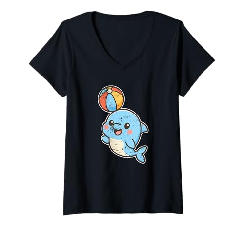 Damen Süßer Delfin mit Strandball T-Shirt mit V-Ausschnitt Damen Süßer Delfin mit Strandball T-Shirt mit V-Ausschnitt von dolphin beach ball play summer cute dolphin