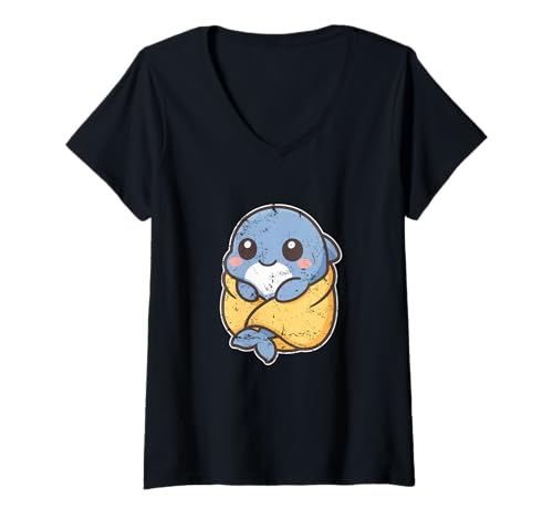 Damen Niedlicher Delfin in gemütlicher Decke T-Shirt mit V-Ausschnitt von dolphin blanket cozy warm cute dolphin cetacean