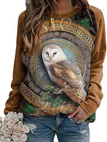 Damen T-Shirt mit Buntem Eulen-Print Modischer Tier-Print Lose Rundhals-Langarm-T-Shirt von domorebest