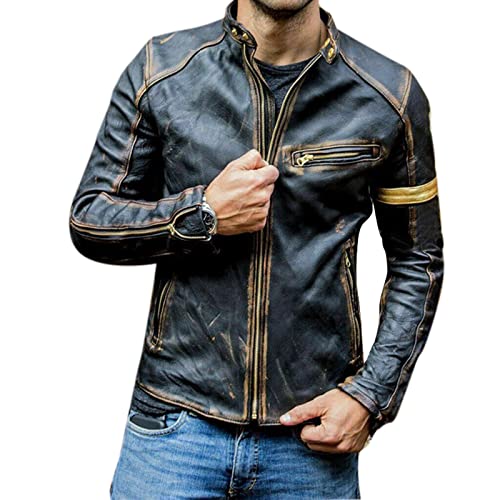 domorebest Herren Vintage Distressed Biker Lederjacke mit gelben Streifen Schmale Freizeitjacken mit Reißverschluss und Tasche von domorebest