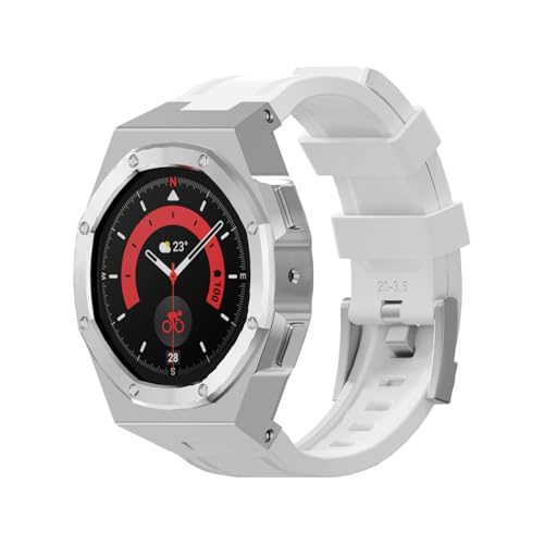 dongriuk Luxus-Uhrengehäuse-Armband-Mod-Kit für Galaxy Watch 5 Pro 45MM 4 5 44mm Legierung Schutzhülle Silikonband(SL-white,Watch 5pro 45mm) von dongriuk