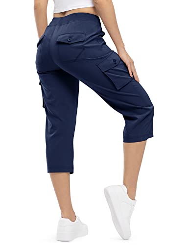 dohobo Damen Cargo Caprihose Wanderhose Leicht Schnell trocknend Atmungsaktiv Outdoor Athletisch Reisen Lässig Locker Bequem 3/4 Lange Hose mit Taschen (Marine, L) von donhobo