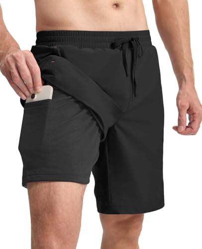 donhobo 2 in 1 Herren Badehose mit Kompression Liner 9" Stretch Badeshorts Quick Dry Atmungsaktiv Board Shorts für Männer Elastisch Trainingsshorts mit Reißverschlusstaschen (Schwarz, S) von donhobo