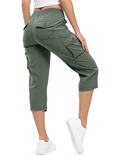 donhobo Damen 3/4 Hose Cargo Shorts Wanderhose Leichte Schnelltrocknende Outdoorhose Trekkinghose Camping Sommer Atmungsaktiv Funktionshose (Armeegrün, 3XL) von donhobo