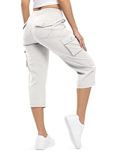 donhobo Damen Cargo Capris Hose mit 6 Taschen Leichte Schnell trocknende Outdoor Wanderhose Sommer Camping Casual Shorts Cropped Trekkinghose (Beige, L) von donhobo