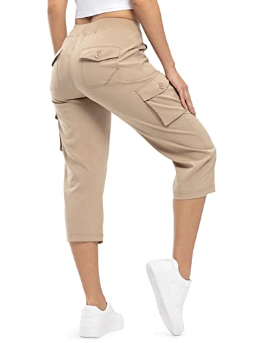 donhobo Damen Cargo Capris Hose mit 6 Taschen Leichte Schnell trocknende Outdoor Wanderhose Sommer Camping Casual Shorts Cropped Trekkinghose (Khaki, L) von donhobo