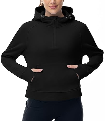 donhobo Damen Kapuzenpullover Fleece Gefüttert Kragen Pullover 1/2 Reißverschluss Sweatshirts Langarm Crop Tops Pullover Daumenloch, Schwarz, 3XL von donhobo