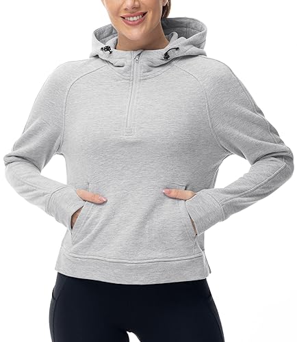 donhobo Damen Kapuzenpullover Sweatshirts Halb Reißverschluss Crop Hoodie Fleece Gefüttert Kragen Zip Up Hoodies Langarm Tops, Hellgrau, L von donhobo