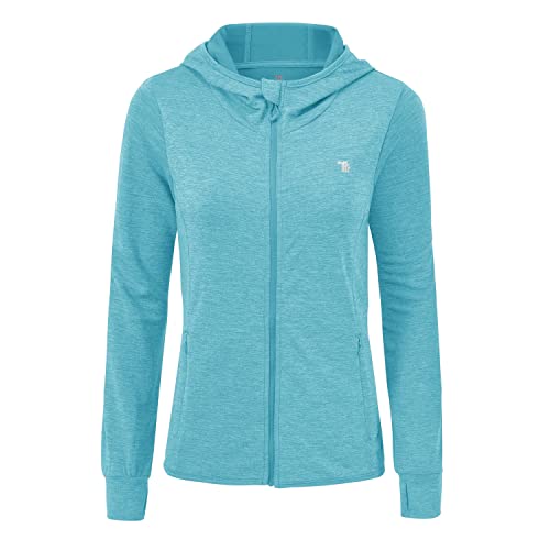 donhobo Damen Langarm Fitness Laufjacke voll Reißverschluss Sportjacke Leichte Atmungsaktiv Kapuzenjacke mit Daumenloch und Seitentasche (Himmelblau, L) von donhobo