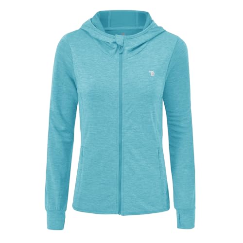 donhobo Damen Langarm Fitness Laufjacke voll Reißverschluss Sportjacke Leichte Atmungsaktiv Kapuzenjacke mit Daumenloch und Seitentasche (Himmelblau, M) von donhobo