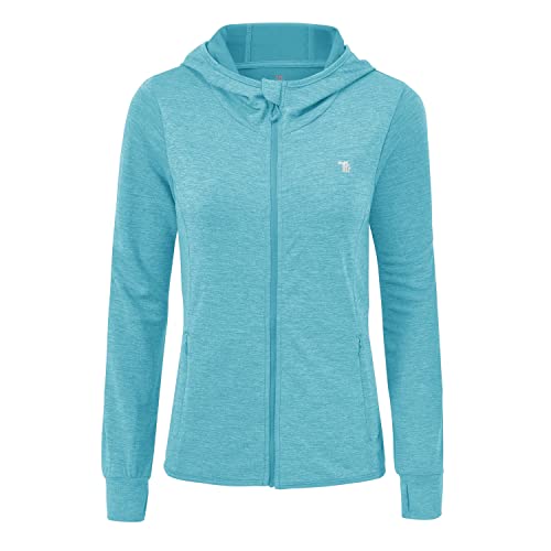 donhobo Damen Langarm Fitness Laufjacke voll Reißverschluss Sportjacke Leichte Atmungsaktiv Kapuzenjacke mit Daumenloch und Seitentasche (Himmelblau, XXL) von donhobo