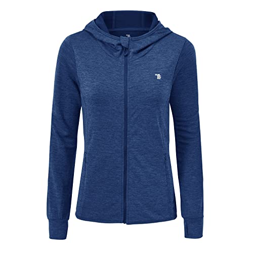 donhobo Damen Laufjacke Kapuzenjacke Langarm Sportjacke Leicht Trainingsjacke Full Zip Atmungsaktive Fitness Sweatjacke mit Daumenloch und Seitentasche (Blau, XL) von donhobo