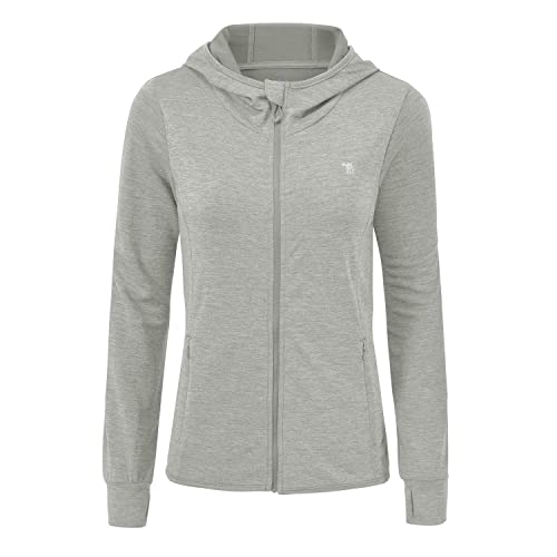 donhobo Damen Laufjacke Sportjacke Langarm Kapuzenjacke Sweatjacke für Yoga Fitness mit Daumenloch und Tasche (Silber grau, L) von donhobo