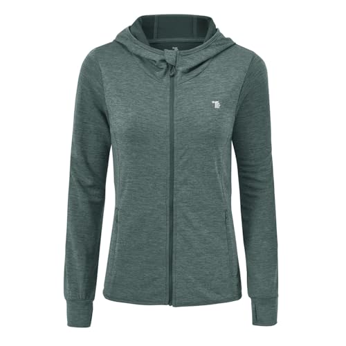 donhobo Damen Laufjacke Sportjacke Langarm Kapuzenjacke Trainingsjacke Sweatjacke Atmungsaktive mit Daumenloch und Tasche für Laufen Yoga Fitness (Cyan, M) von donhobo