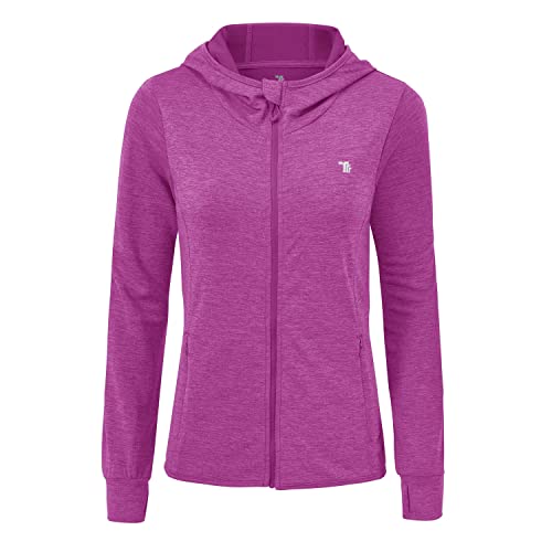 donhobo Damen Laufjacke Sportjacke Langarm Kapuzenjacke Trainingsjacke Sweatjacke Atmungsaktive mit Daumenloch und Tasche für Laufen Yoga Fitness (Violett, L) von donhobo