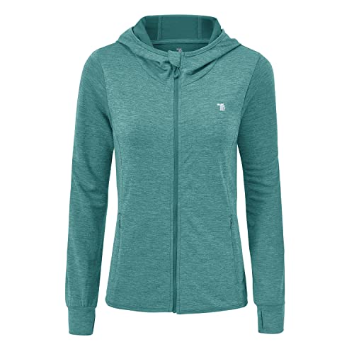 donhobo Damen Laufjacke Sportjacke Langarm Trainingsjacke Leichte Sweatjacke mit Tasche Daumenloch Für Yoga Fitness (Cyan Blau, L) von donhobo