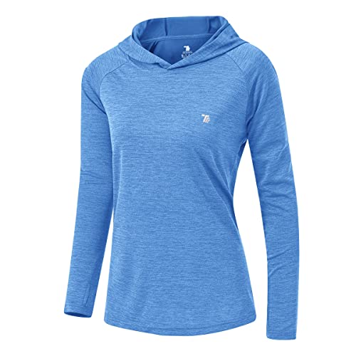 donhobo Damen Laufshirt Langarm Sportshirt Schnelltrocknend UV Schutz Hoodie Pullover T-Shirts Yoga Training Gym Tops mit Daumenlöcher (Tiefes Seeblau, XL) von donhobo