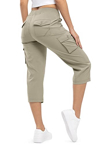 donhobo Damen Outdoor Wanderhose Cargo Capris Pants Leichte Atmungsaktiv Wandershorts Schnell Trocknende Camping Trekkinghose Sommer Freizeithose (Grau Khaki, 3XL) von donhobo