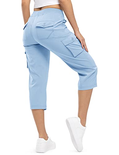 donhobo Damen Outdoor Wanderhose Cargo Capris Pants Leichte Atmungsaktiv Wandershorts Schnell Trocknende Camping Trekkinghose Sommer Freizeithose (Hellblau, XS) von donhobo