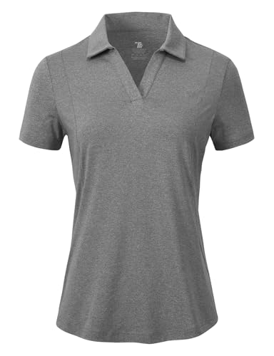 donhobo Damen Poloshirt UPF 50+ Kurzarm Golf Tennis Polo Shirts V-Ausschnitt Tops UV Schutz Schnelltrocknend Sportshirt Casual Sommer T-Shirts, Dunkelgrau, XXL von donhobo