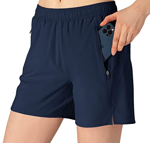 donhobo Damen Shorts Sommer Schnelltrocknende Laufshorts mit Taschen Sport Kurze Hosen Fitness Yoga Laufhose (Navy blau, L) von donhobo