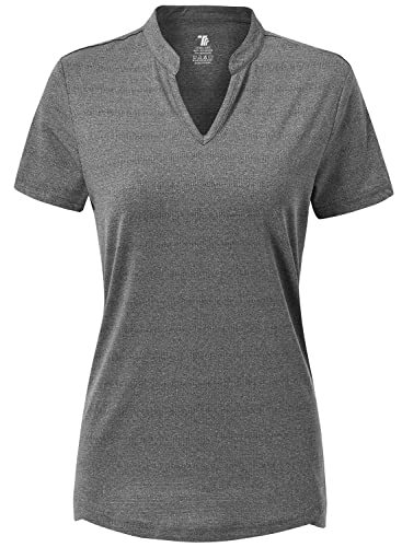 donhobo Damen Sport Fitness T-Shirt Kurzarm V-Ausschnitt Laufshirt Atmungsaktiv Schnell Trocken Shortsleeve Gym Yoga Top (Dunkelgrau, L) von donhobo