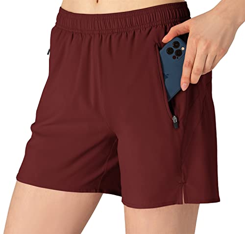 donhobo Damen Sport Shorts Schnell Trocknend Kurze Hose Yoga Fitness Gym Shorts Laufshorts mit Reißverschlusstasch (Weinrot, XL) von donhobo