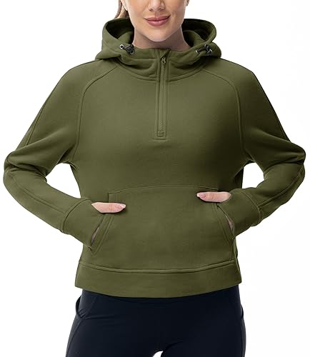 donhobo Damen Sweatshirts mit Halbem Reißverschluss Cropped Kapuzenpullover Fleece 1/2 Zip Up Pullover Herbst Winter Tops Oberteile, Armeegrün, L von donhobo