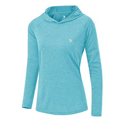 donhobo Damen UPF 50+ Hoodie Pullover Workout Laufen Yoga Wandern Top Leichte Langarm Sweatshirts mit Daumenlöchern (Himmelblau, L) von donhobo