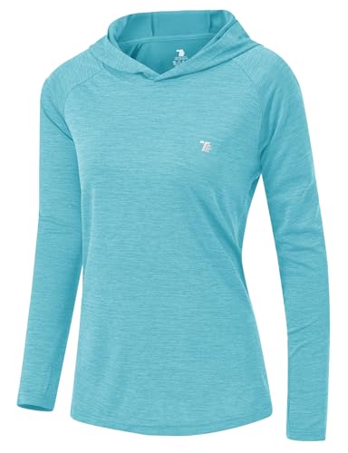 donhobo Damen UPF 50+ Hoodie Pullover Workout Laufen Yoga Wandern Top Leichte Langarm Sweatshirts mit Daumenlöchern (Himmelblau, XL) von donhobo