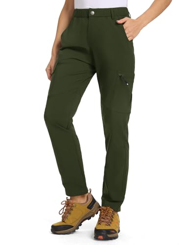 donhobo Damen Wanderhose Cargohose Leichter Trekkinghose Wasserdicht Schnelltrocken Stretch Outdoorhose UV-Schutz Jogging Freizeit Reise Funktionshose mit 6 Taschen (Armeegrün, M) von donhobo