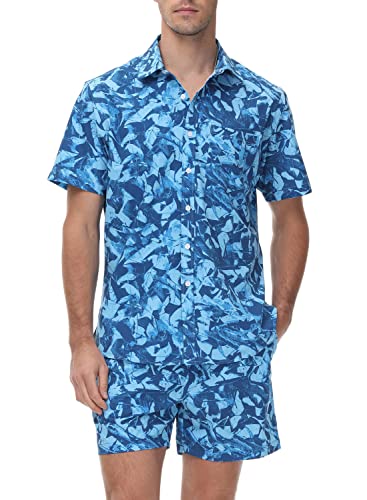 donhobo Freizeithemden für Herren Blumenhemd Hawaii Hemd Shorts Set Kurzarm Button Down Sommer Urlaub Beach Aloha Hawaiihemd (Blau, S) von donhobo