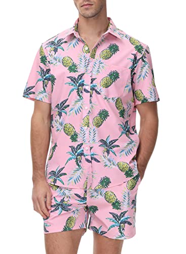 donhobo Hawaiihemd Herren Kurzarm Freizeithemden Fronttasche Hawaii-Print Ananas Palmen Blumen Urlaub Sommer Beach Shorts Shirts Sets (Rosa, S) von donhobo