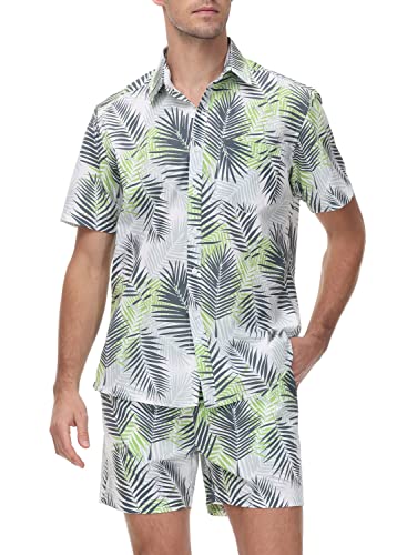 donhobo Hawaiihemd Herren Kurzarm Fronttasche Hawaii-Print Set Button Down Strandurlaub Freizeithemd Shirts Beach Shorts (Weißes Blatt, M) von donhobo