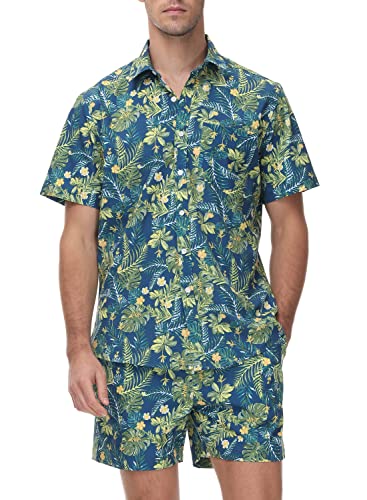 donhobo Hawaiihemd Herren Kurzarm Shirts Shorts Set Fronttasche Hawaii-Print Strand Beach Palmen Sommer Kurze Hose Freizeithemden (Blau Gelb, XL) von donhobo