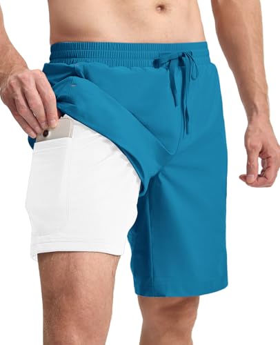 donhobo Herren Badehose 2 in 1 Schnelltrocknend Boardshorts mit Reißverschlusstaschen Atmungsaktiv Wasserabweisend Badeshorts Männer Trainingsshorts Elastisch Verstellbar Mit Tunnelzug (Blau, XXL) von donhobo