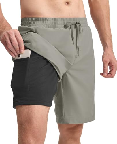 donhobo Herren Badehose 2 in 1 Schnelltrocknend Boardshorts mit Reißverschlusstaschen Atmungsaktiv Wasserabweisend Badeshorts Männer Trainingsshorts Elastisch Verstellbar Mit Tunnelzug (Hellgrau, 3XL) von donhobo