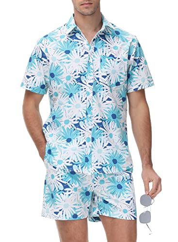 donhobo Herren Blumenhemd Shorts Hawaii-Sets Lässiges Button Down Kurzarmhemd Beach Kurze Hose Sommerhemd Freizeithemden (Weiße Blume, L) von donhobo