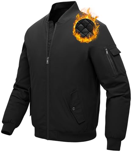 donhobo Herren Bomberjacke Warm Gefüttert Jacke Fleecejacke Full Zip Outdoorjacke Winterjacke Herbst Winddichte Übergangsjacke Freizeitjacke Schwarz XXL von donhobo