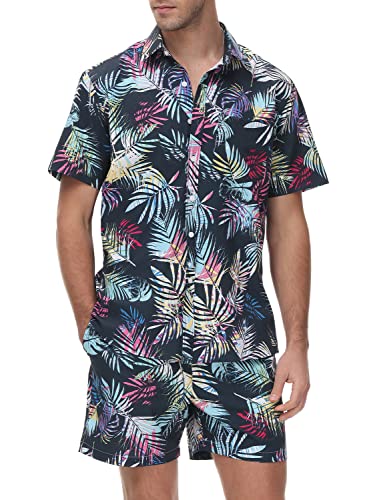 donhobo Herren Hemd und Shorts Sets Hawaiihemd Sommer Urlaub Beach Reise Shirt Button Down Kurzarmhemd Strand Surf Shorts (Schwarz, 3XL) von donhobo